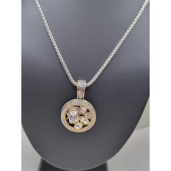 Vintage Two-Tone Pendant Necklace w/ Clear Stones & Adjustable Chain - Picture 3 of 11